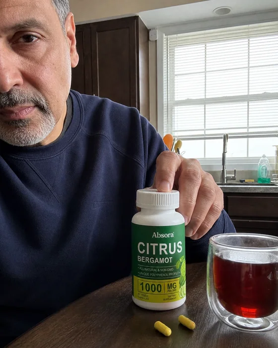 Man holding Citrus Bergamot and capsules at home
