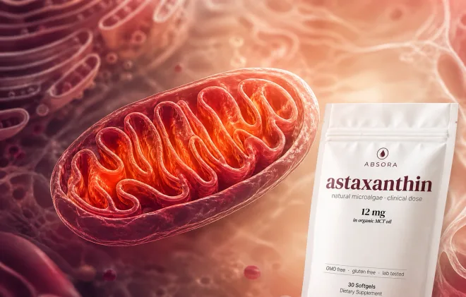 Healthy mitochondrion supporting cellular energy beside an Absora Astaxanthin pouch