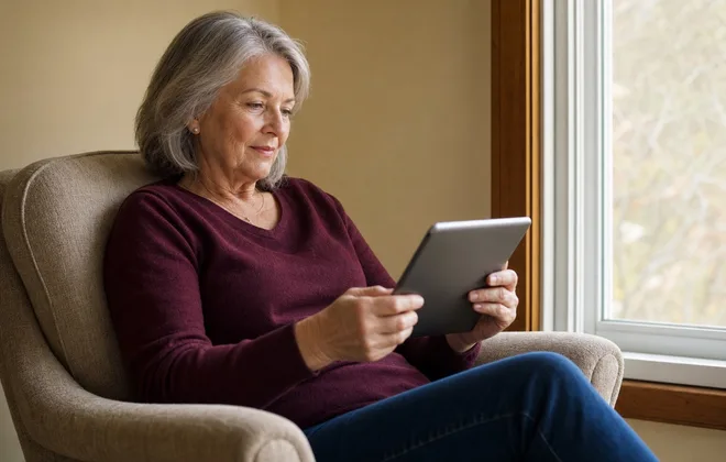 Woman comfortably reading from a tablet beside a window