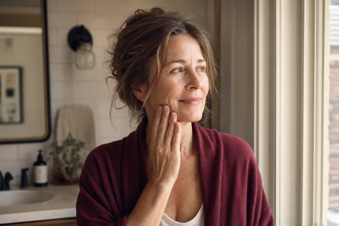 Woman with naturally healthy skin beside her bathroom window
