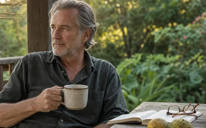 Man in his sixties relaxing with a mug, book and bergamot fruit on a porch