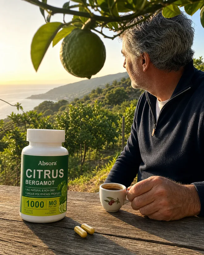 Man in his sixties beside a Calabrian bergamot orchard with an Absora bottle, espresso and two capsules