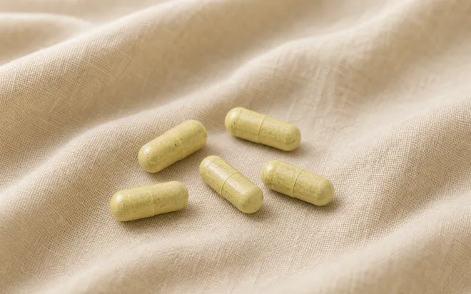 Opaque pale yellow Citrus Bergamot veggie capsules on cream linen