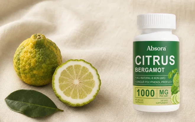 Absora Citrus Bergamot bottle with whole and halved bergamot fruit