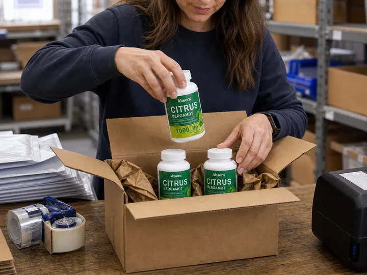 An Absora team member packing three Citrus Bergamot bottles into a shipping box