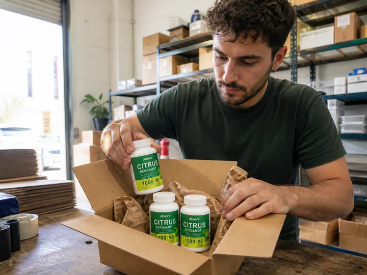 An Absora team member packing three Citrus Bergamot bottles into a shipping box
