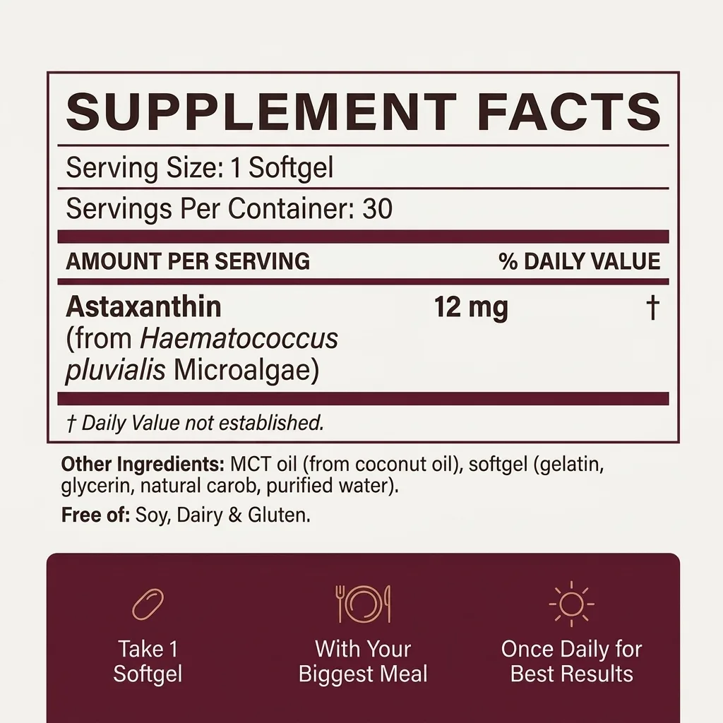 Absora supplement facts panel: serving size one softgel, 30 servings per container, 12 mg astaxanthin from Haematococcus pluvialis microalgae